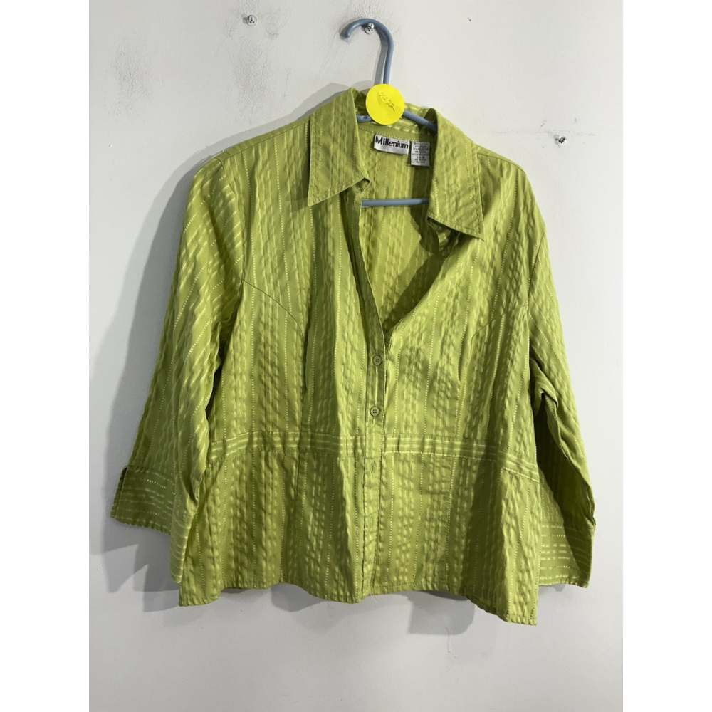 Womans Millenium Blouse 18 Green 3/4 Sleeve V Neck Collar Button Down